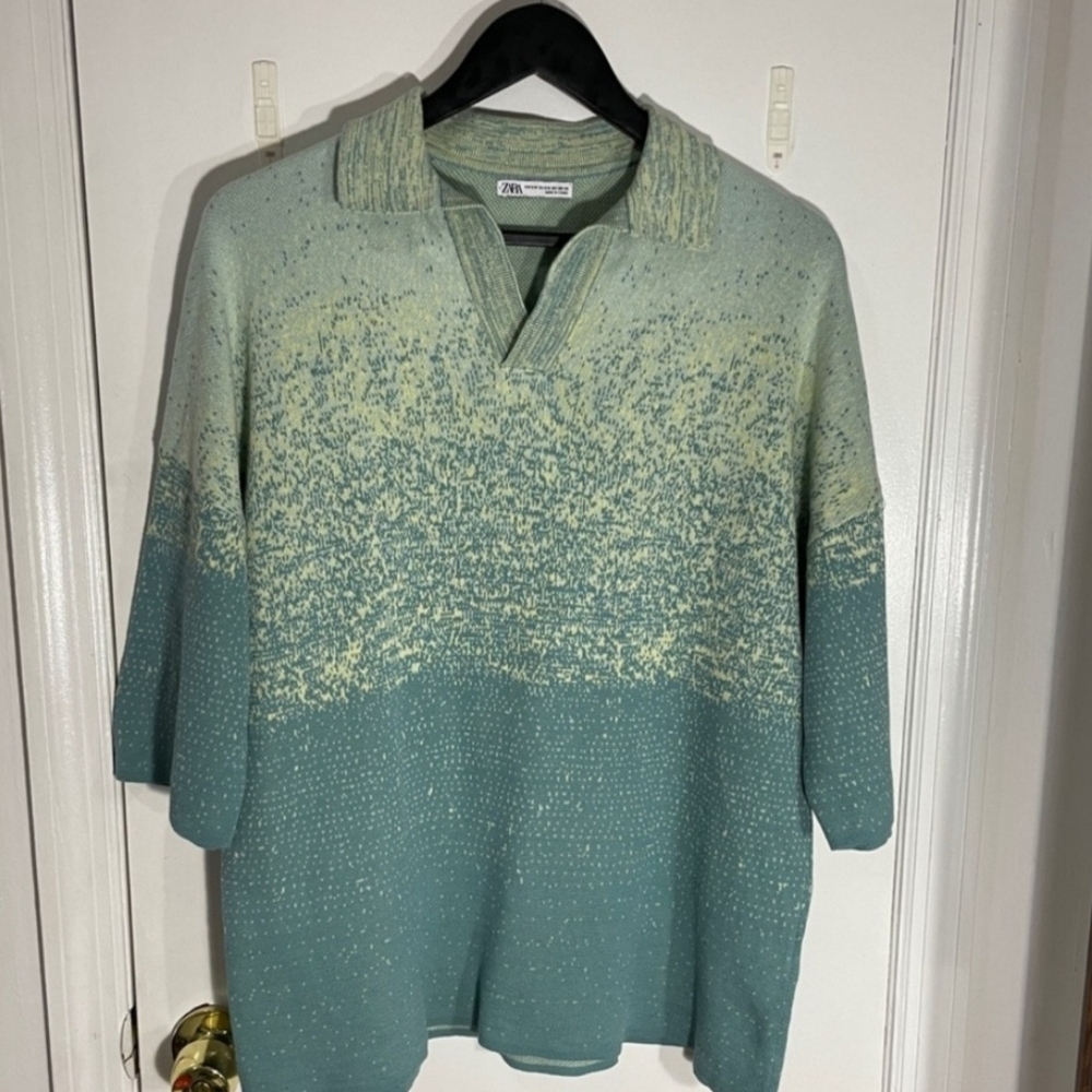 Zara Men’s Green/Sage Ombre Knit Collard Short Sleeve Polo Sweater - Picture 2 of 5